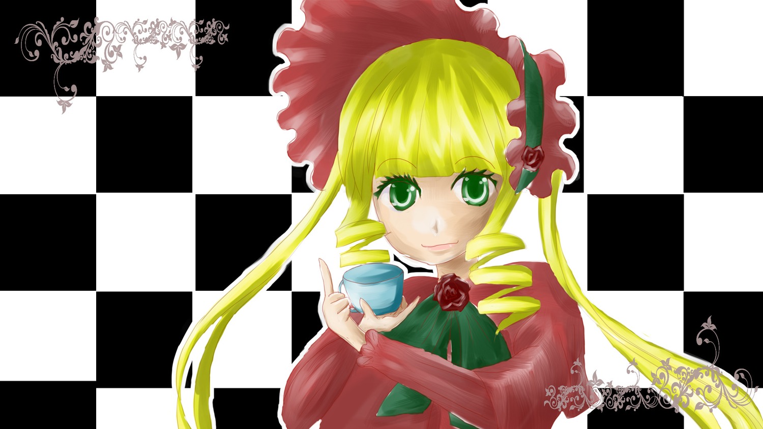 1girl argyle argyle_background argyle_legwear bishop_(chess) blonde_hair board_game bonnet checkerboard_cookie checkered checkered_background checkered_floor checkered_kimono checkered_scarf checkered_skirt chess_piece cookie copyright_name cup diamond_(shape) drill_hair flag floor glass green_eyes holding_flag image king_(chess) knight_(chess) mirror official_style on_floor perspective plaid_background race_queen reflection reflective_floor shide shinku solo teacup tile_floor tile_wall tiles vanishing_point yagasuri