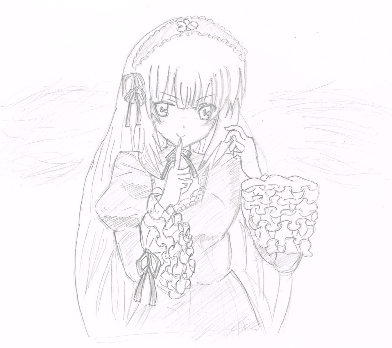 1girl blush dress frilled_sleeves frills greyscale hairband image long_hair long_sleeves looking_at_viewer monochrome ribbon smile solo suigintou very_long_hair wide_sleeves