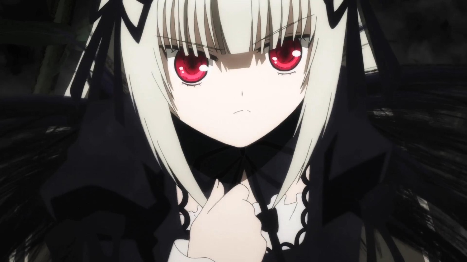 1girl bangs black_ribbon blunt_bangs closed_mouth dress expressionless hair_ribbon image long_hair long_sleeves looking_at_viewer red_eyes ribbon solo suigintou upper_body