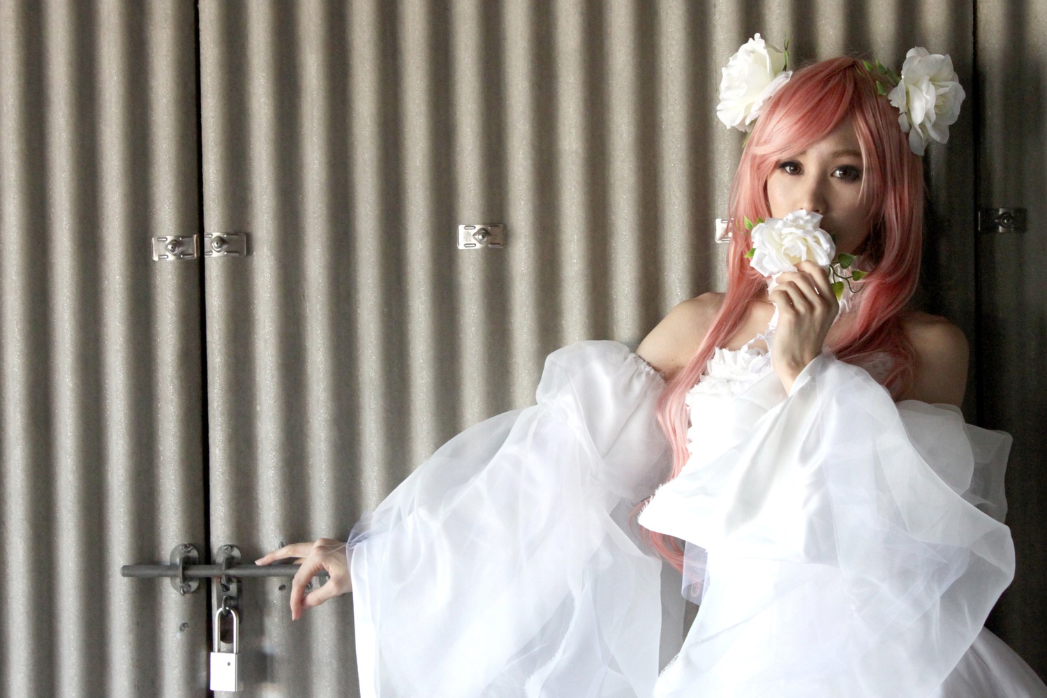 1girl bouquet bride dress flower kirakishou long_hair megurine_luka pink_hair solo striped veil vertical_stripes