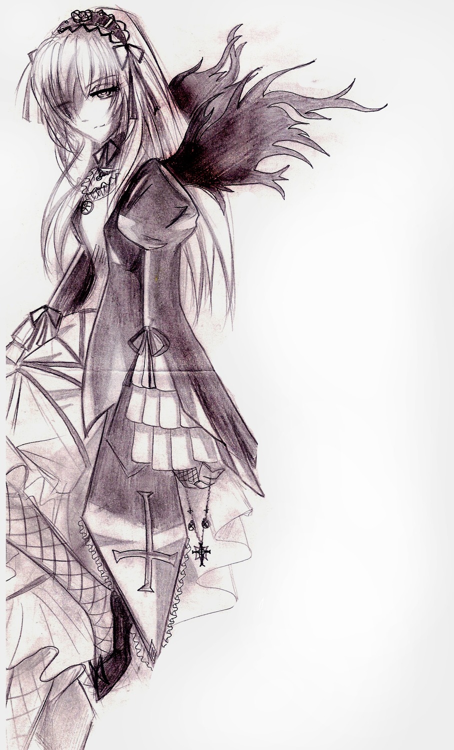 1girl cross dress frills full_body gradient gradient_background greyscale hairband image juliet_sleeves long_hair long_sleeves looking_at_viewer monochrome puffy_sleeves solo standing suigintou wings