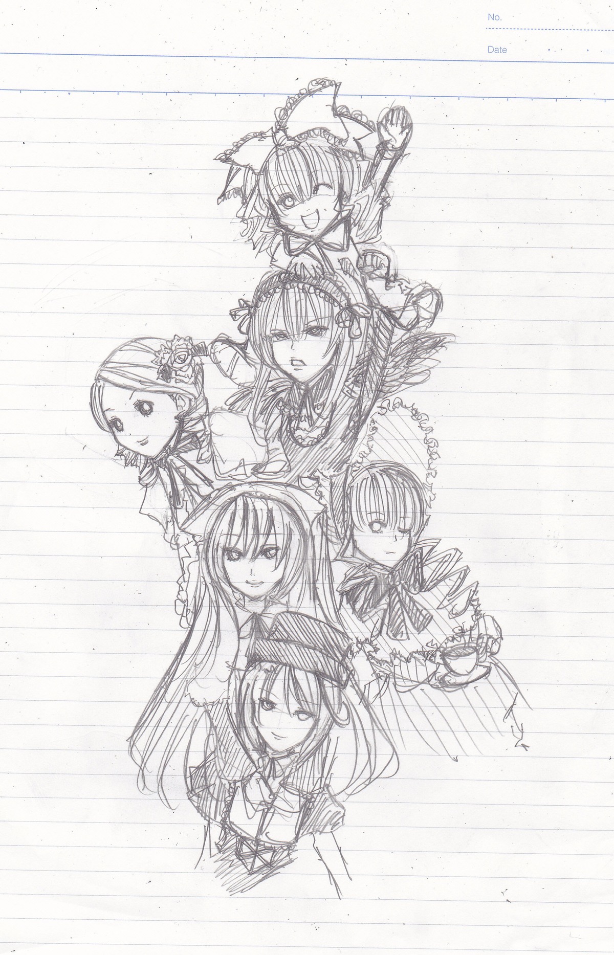 6+girls akemi_homura akuma_homura bare_shoulders blush bow choker dress drill_hair elbow_gloves gloves greyscale hair_bow hair_ornament hairband image long_hair looking_at_viewer magical_girl monochrome multiple multiple_girls one_eye_closed open_mouth ribbon short_hair short_twintails smile tagme traditional_media twintails