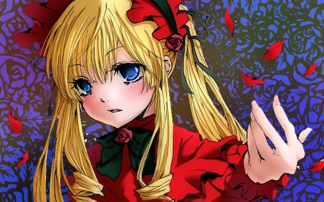 1girl blonde_hair blue_eyes blush bow bowtie dress drill_hair flower green_bow image long_hair long_sleeves looking_at_viewer petals red_flower red_rose rose rose_petals shinku solo twintails