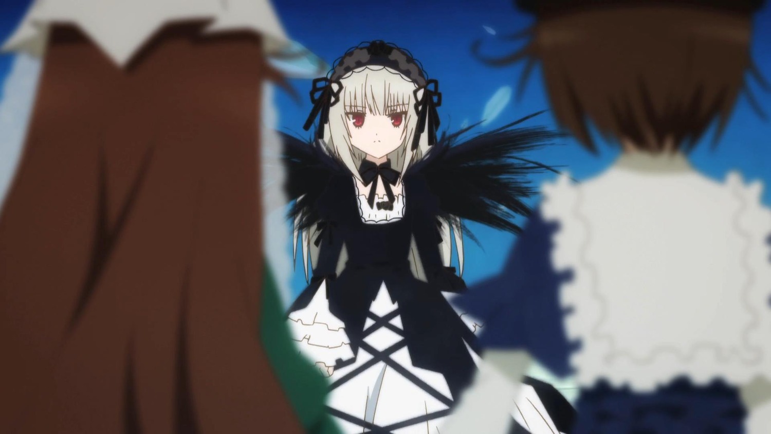 1boy bangs black_dress black_wings blurry blurry_background blurry_foreground brown_hair depth_of_field dress gothic_lolita hairband image lolita_fashion long_sleeves motion_blur multiple multiple_girls red_eyes ribbon silver_hair suigintou tagme wings