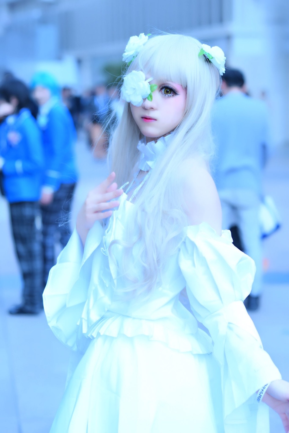 1girl blurry blurry_background blurry_foreground depth_of_field dress flower hair_flower hair_ornament kirakishou lips long_sleeves looking_at_viewer photo solo standing white_hair