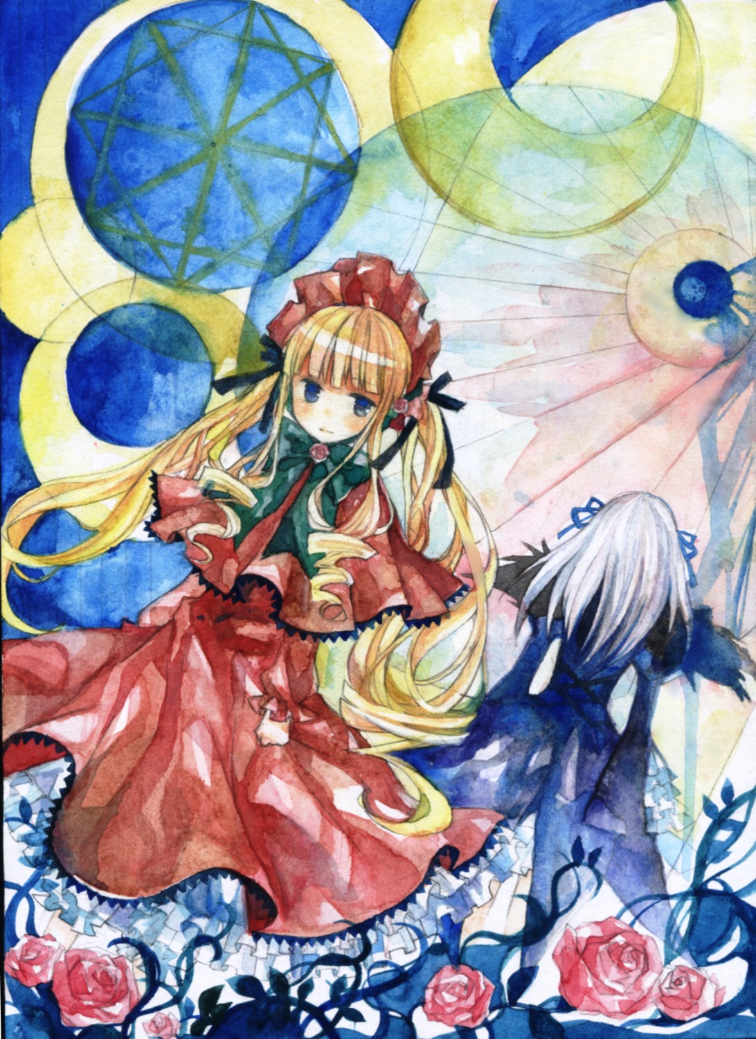 1girl blonde_hair blue_eyes bonnet bow dress flower image long_hair long_sleeves looking_at_viewer moon pair pink_flower pink_rose red_dress red_flower red_rose rose shinku suigintou twintails very_long_hair