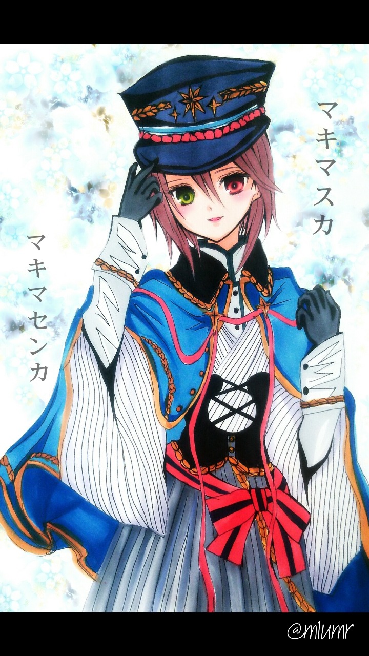 1girl black_gloves gloves green_eyes hat heterochromia image letterboxed long_sleeves looking_at_viewer m1umr red_eyes red_hair short_hair solo souseiseki striped taisho