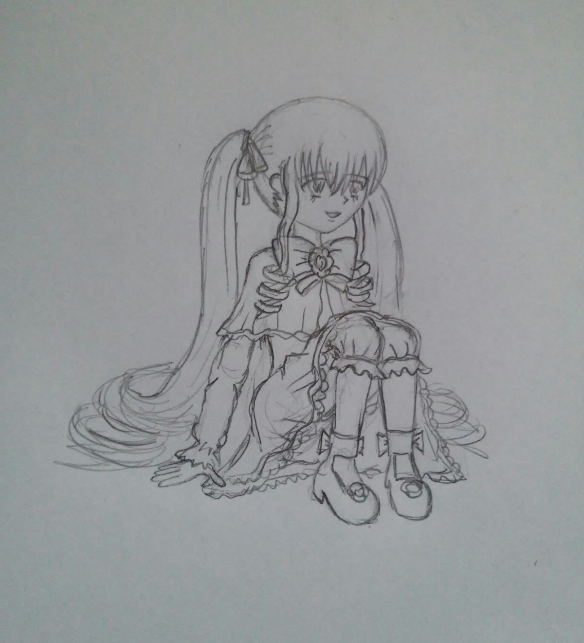 1girl :d dress full_body greyscale image long_hair long_sleeves looking_at_viewer monochrome open_mouth shinku sitting smile solo traditional_media twintails very_long_hair