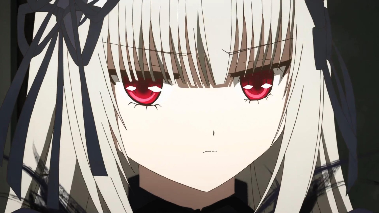1girl bangs closed_mouth dress eyebrows_visible_through_hair image long_hair looking_at_viewer red_eyes ribbon simple_background solo suigintou