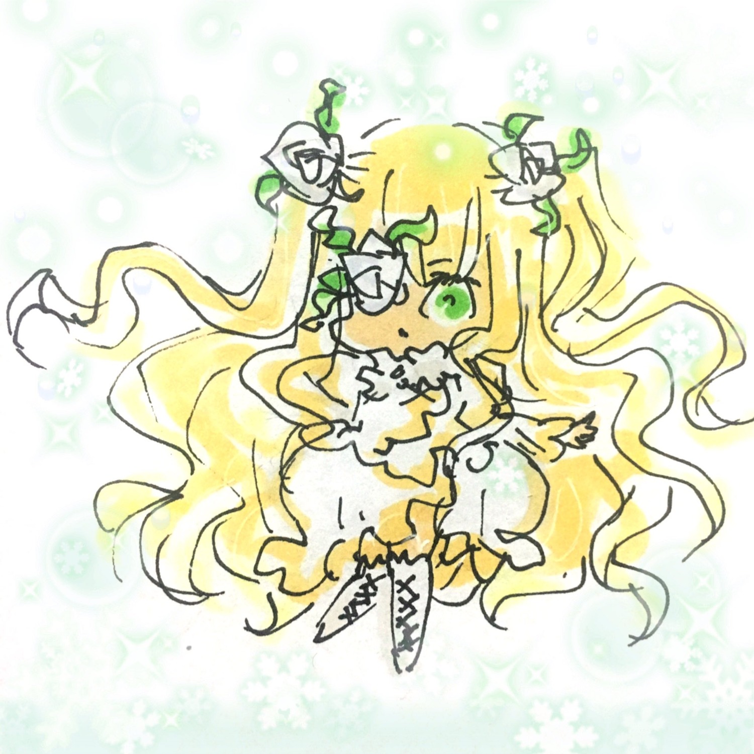 1girl blonde_hair cross-laced_footwear dress flower full_body green_eyes hair_flower hair_ornament image kirakishou long_hair pokemon_(creature) solo sparkle very_long_hair