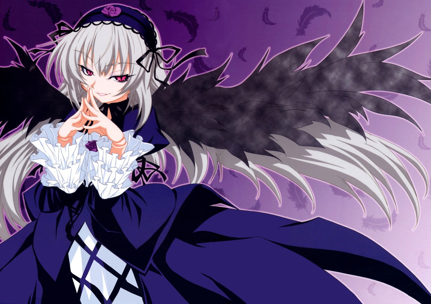 1girl black_wings dress feathers flower frilled_sleeves frills hairband image lolita_hairband long_hair long_sleeves looking_at_viewer pink_eyes purple_dress red_eyes rose silver_hair smile solo suigintou wings