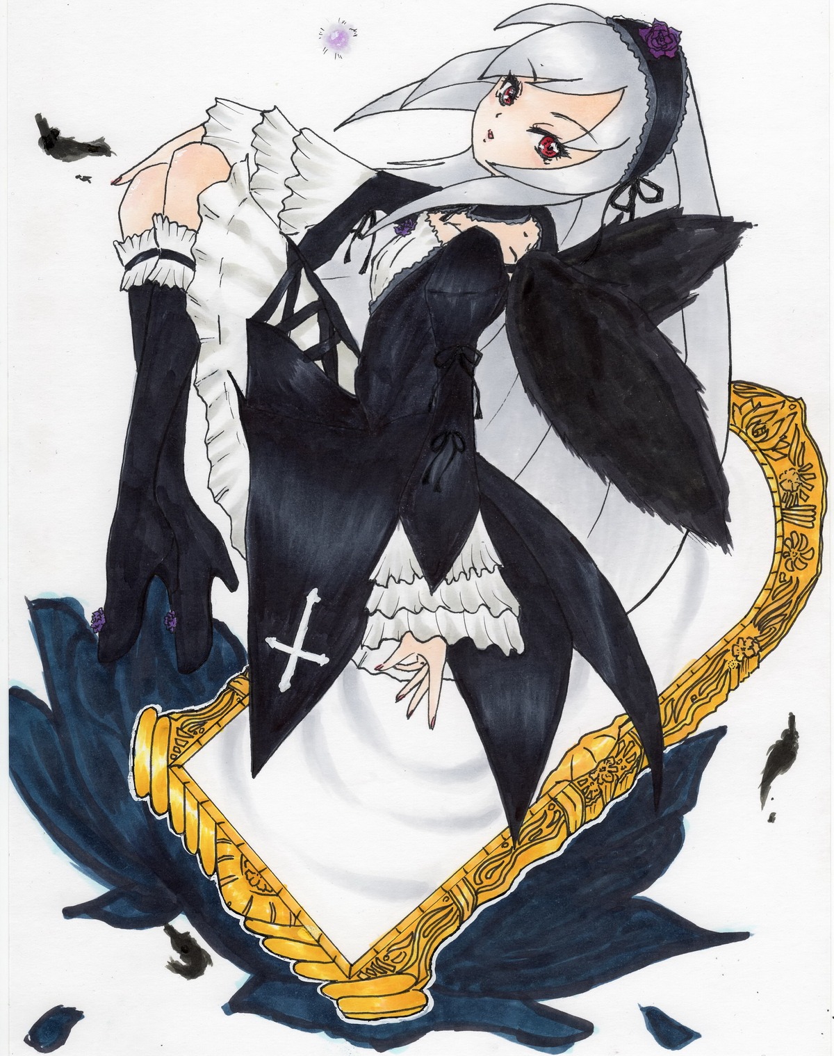 1girl black_wings cross dress feathers flower frilled_sleeves frills full_body hairband high_heels image long_hair long_sleeves looking_at_viewer red_eyes ribbon rose silver_hair solo suigintou wide_sleeves wings