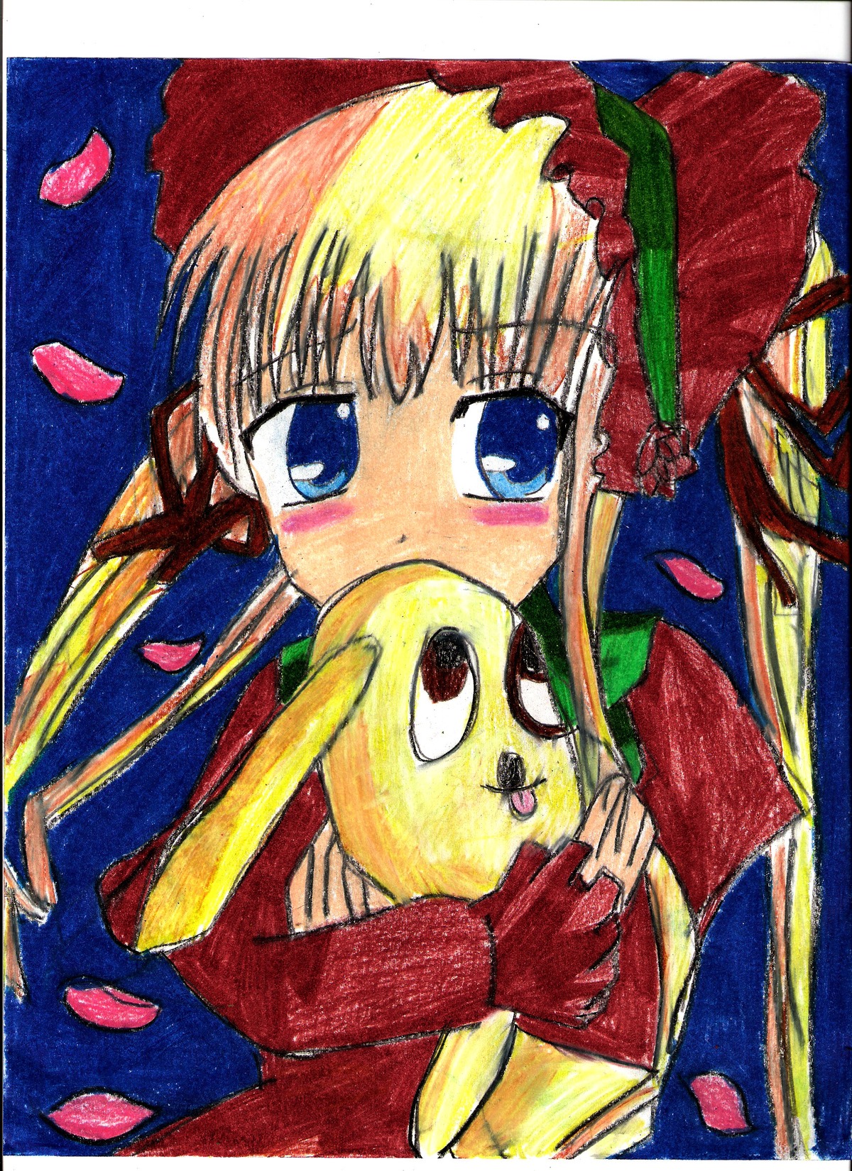 1girl blonde_hair blue_eyes bonnet cherry_blossoms doll dress holding image long_hair long_sleeves looking_at_viewer marker_(medium) petals red_dress rose_petals shinku sidelocks solo traditional_media upper_body