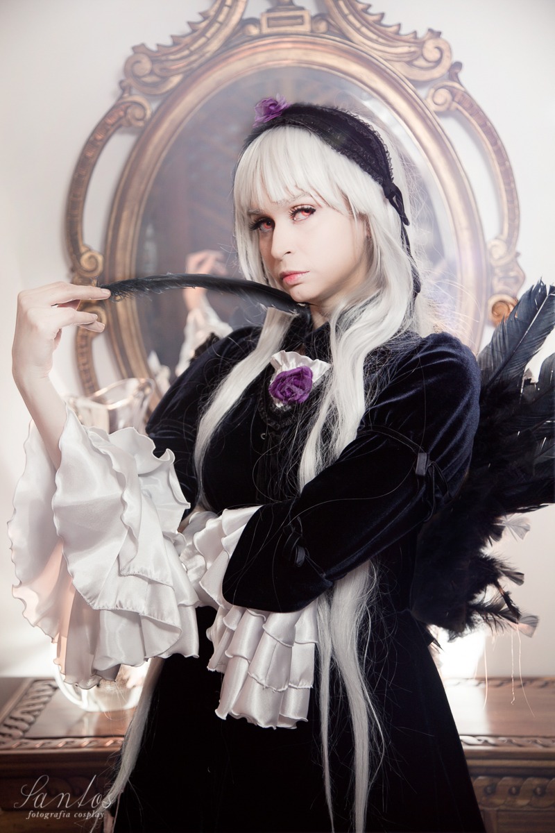 1girl black_wings dress flower frilled_sleeves frills gothic_lolita hairband lips lolita_fashion long_hair long_sleeves looking_at_viewer realistic red_eyes rose solo suigintou white_hair wings