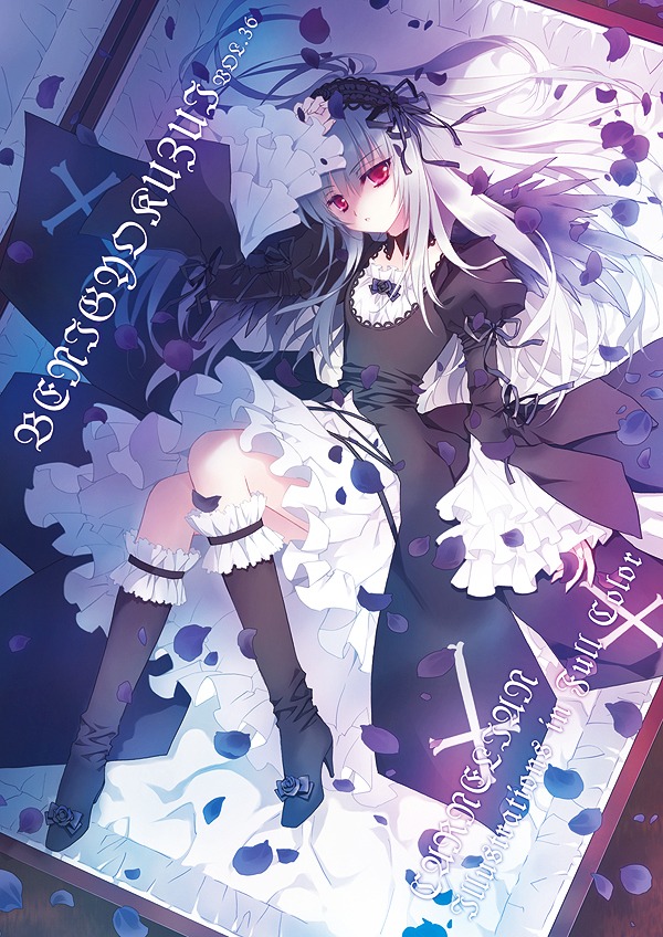 1girl 2girls bad_id bad_pixiv_id black_dress black_footwear black_legwear boots box carnelian choker doll_joints dress flower frills gothic_lolita grey_hair hairband headdress high_heels image joints juliet_sleeves knee_boots kneehighs lolita_fashion lolita_hairband long_hair long_sleeves looking_at_viewer lying multiple_girls on_back petals photoshop_(medium) red_eyes ribbon rose rose_petals rozen_maiden silver_hair solo suigintou wings