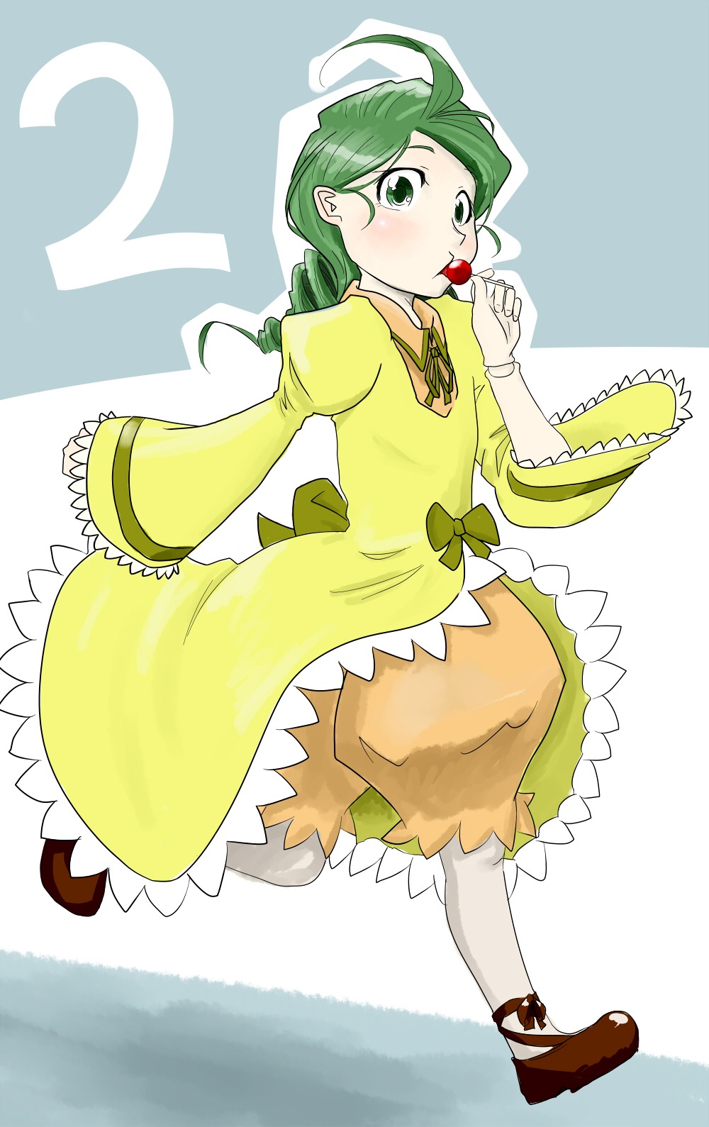 1girl ahoge apple braid cherry dress food fruit green_eyes green_hair holding_food image kanaria long_hair long_sleeves pantyhose solo yellow_dress