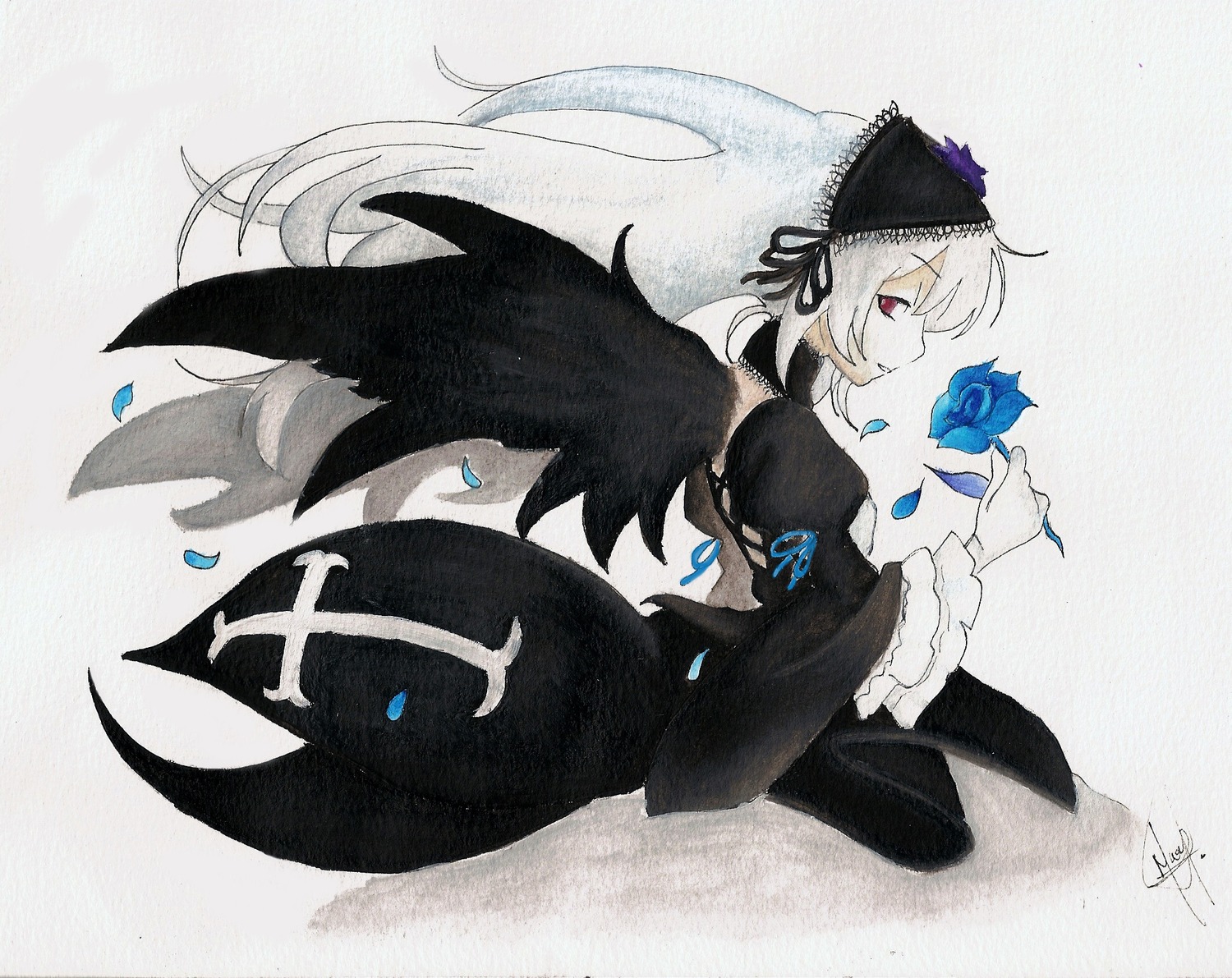 1girl black_dress blue_flower blue_rose dress flower gothic_lolita hairband holding_flower image juliet_sleeves lolita_fashion lolita_hairband long_sleeves petals puffy_sleeves red_eyes ribbon rose rose_petals signature silver_hair solo suigintou traditional_media wings