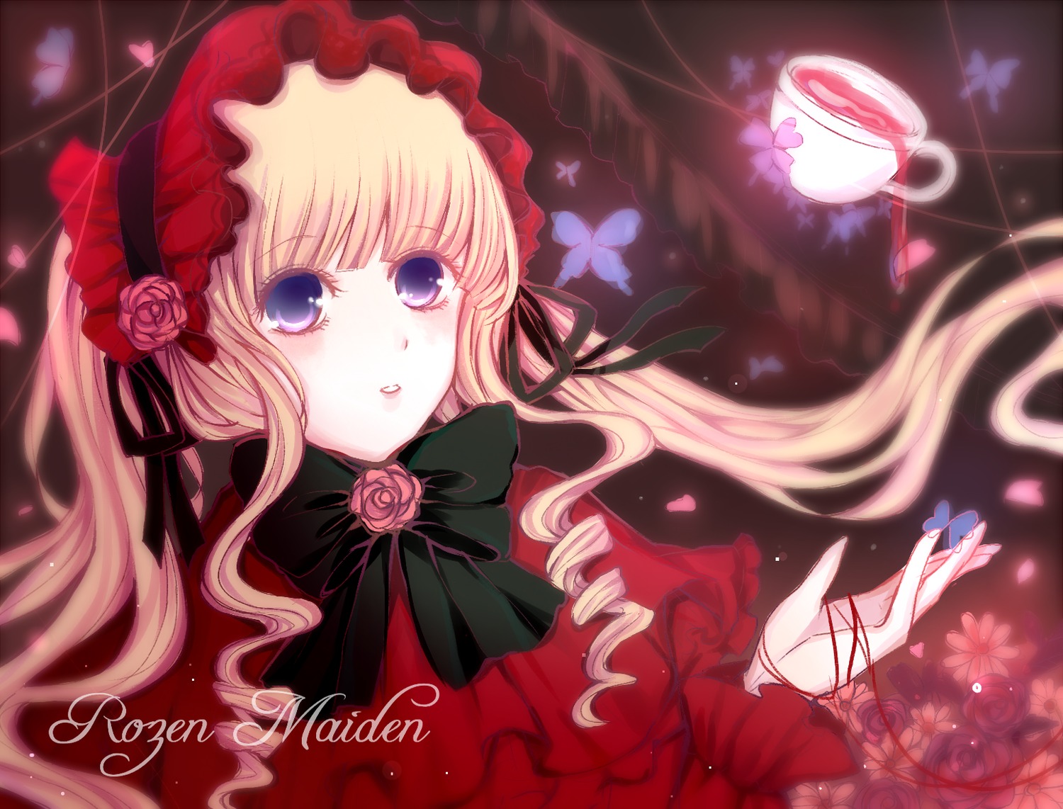 1girl blonde_hair blue_eyes bonnet bow bug butterfly cup dress flower hairband image insect long_hair petals pink_flower pink_rose red_flower red_rose ribbon rose rose_petals shinku solo teacup twintails