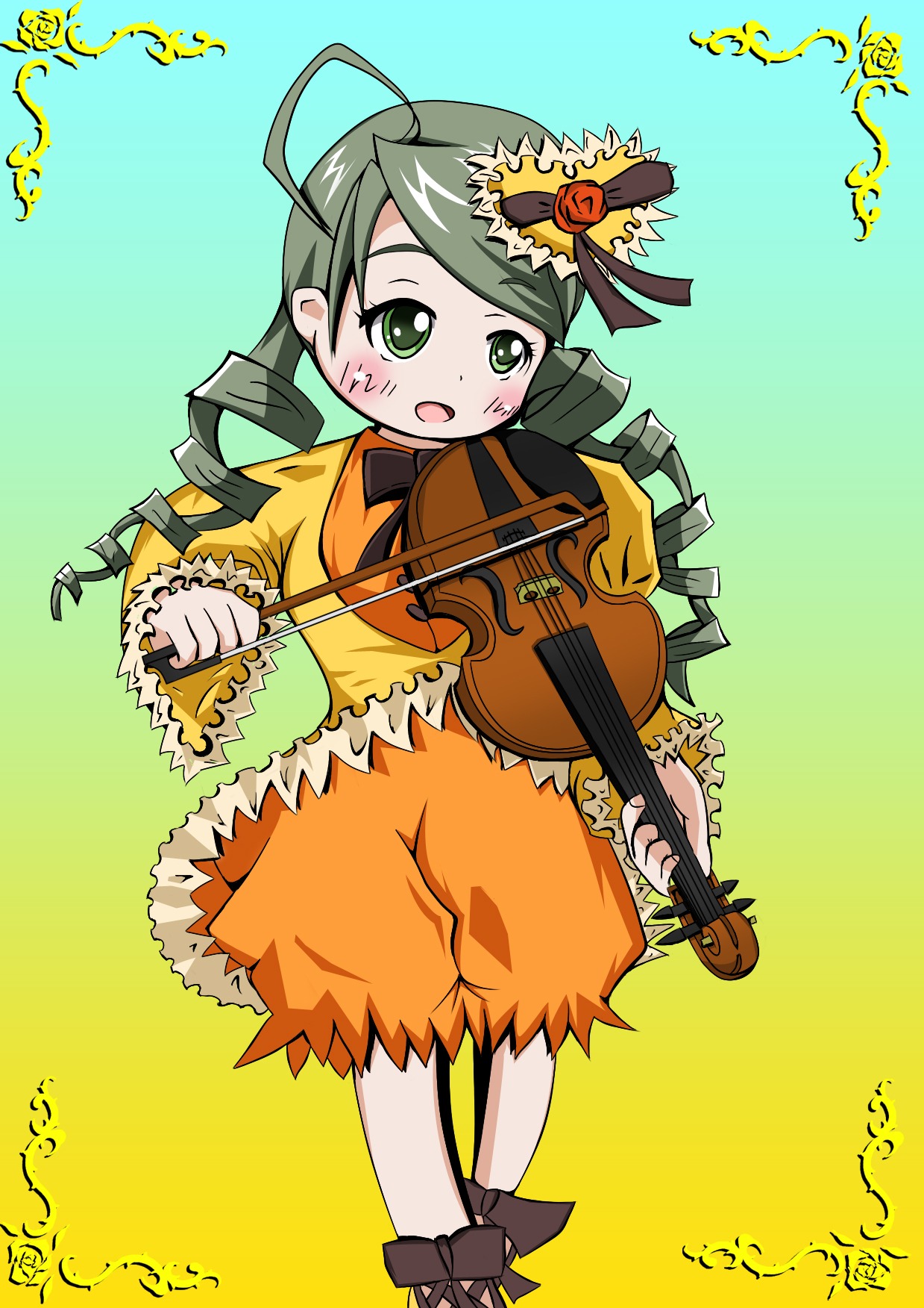 1girl ahoge blush drill_hair eighth_note flower green_eyes green_hair guitar hair_ornament image instrument kanaria long_hair music musical_note open_mouth playing_instrument solo twin_drills