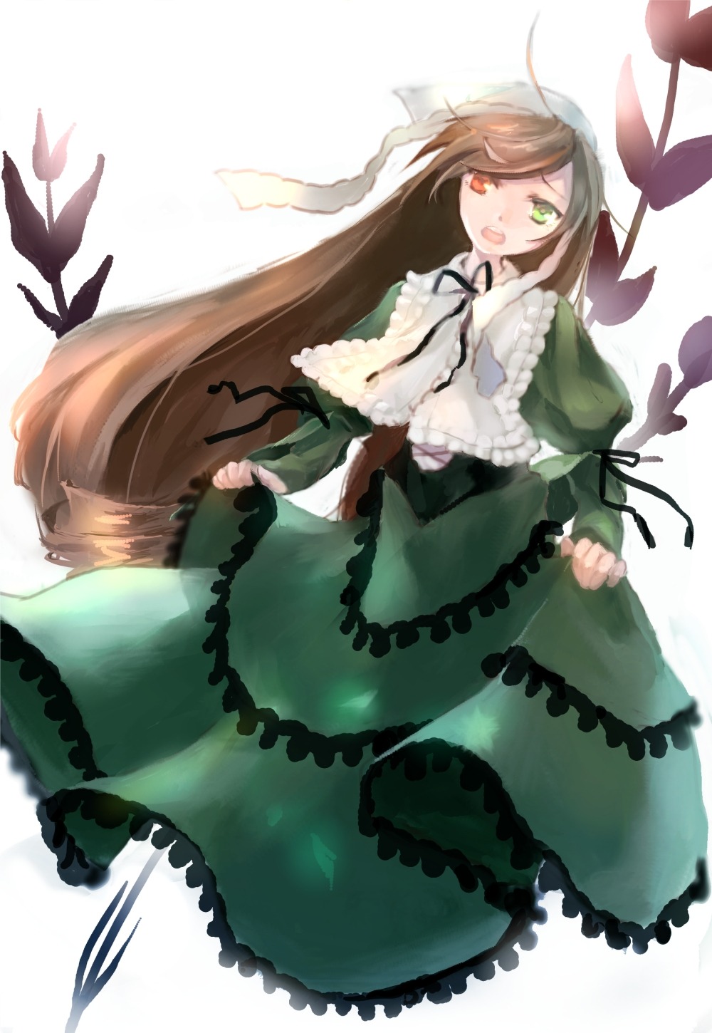 1girl brown_hair dress frills green_dress green_eyes heterochromia image long_hair long_sleeves looking_at_viewer open_mouth red_eyes skirt_hold solo suiseiseki very_long_hair white_background
