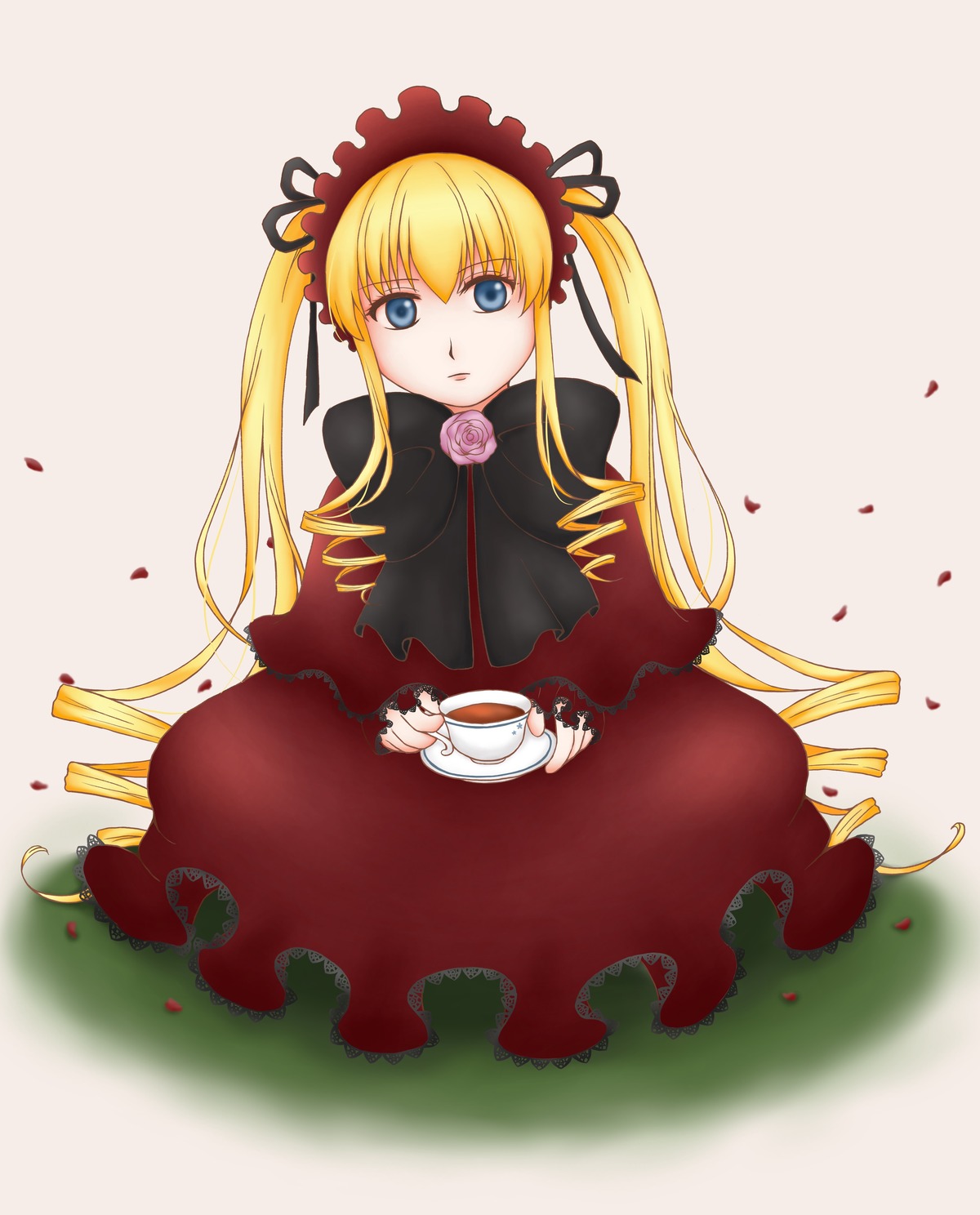 1girl blonde_hair blue_eyes bonnet bow bowtie capelet cup dress flower holding_cup image long_hair long_sleeves looking_at_viewer petals pink_rose red_dress rose rose_petals saucer shinku sitting solo tea teacup twintails very_long_hair