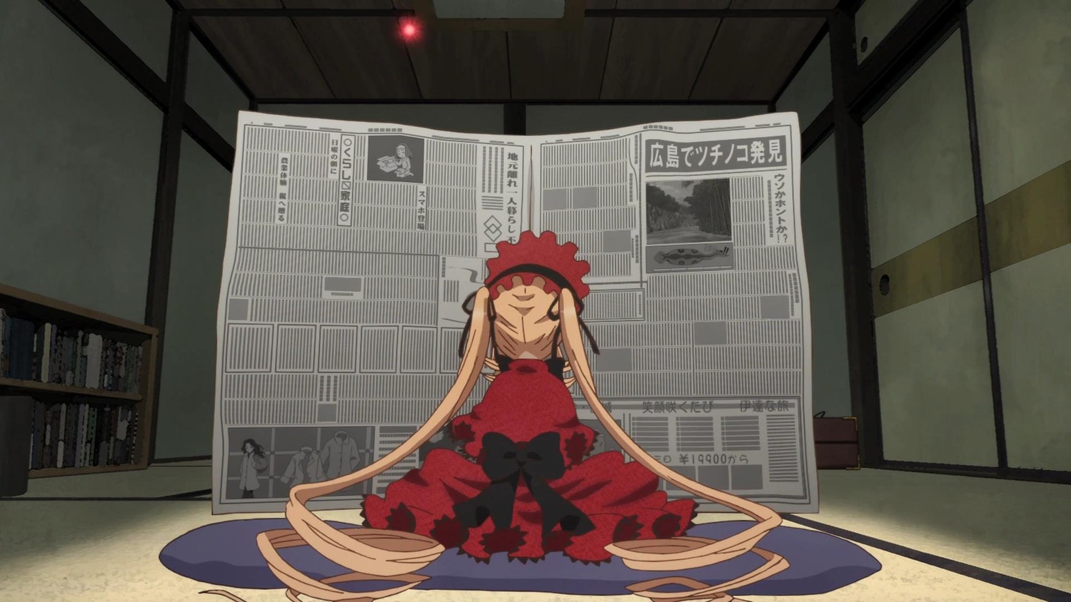 1girl auto_tagged blonde_hair dress hat image indoors long_hair long_sleeves red_headwear shinku sitting solo twintails very_long_hair