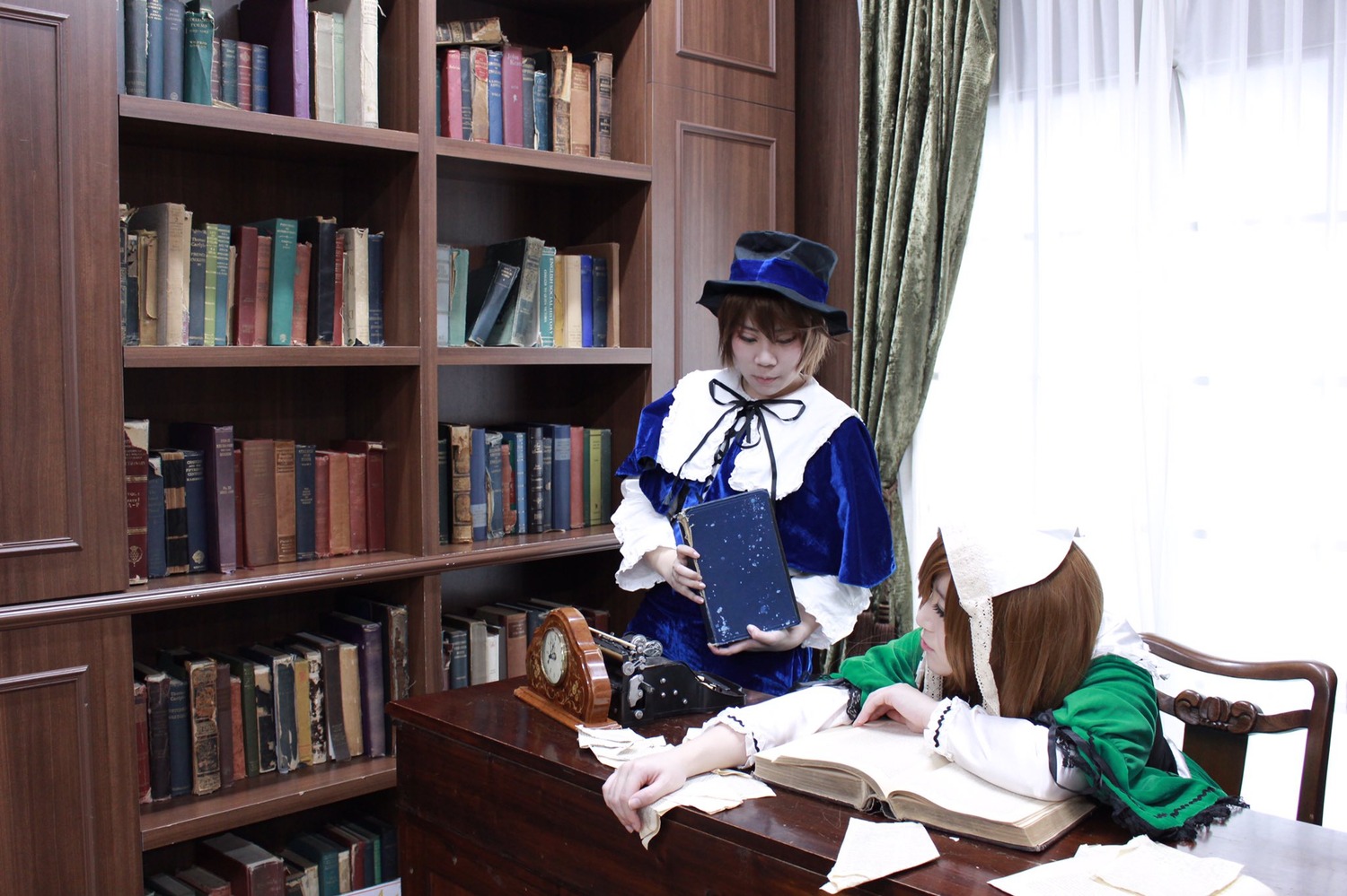 1boy book book_stack bookshelf brown_hair hat library sitting solo souseiseki