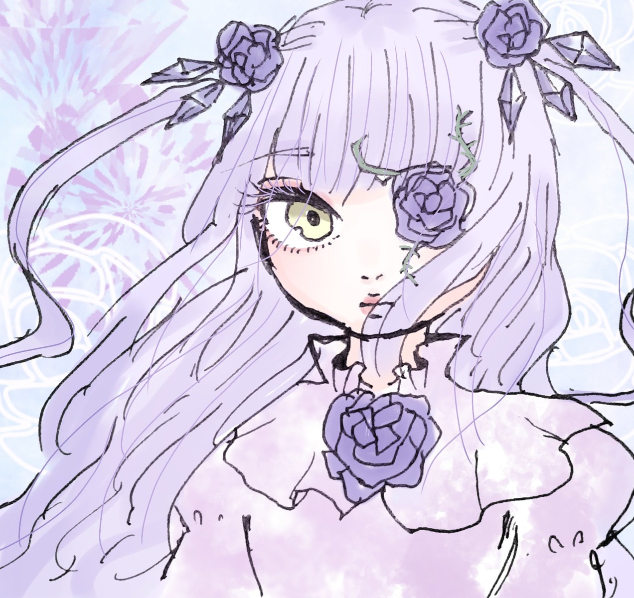 1girl bangs barasuishou blue_flower blue_rose blush dress eyebrows_visible_through_hair flower hair_flower hair_ornament image long_hair looking_at_viewer purple_flower purple_rose ribbon rose silver_hair solo