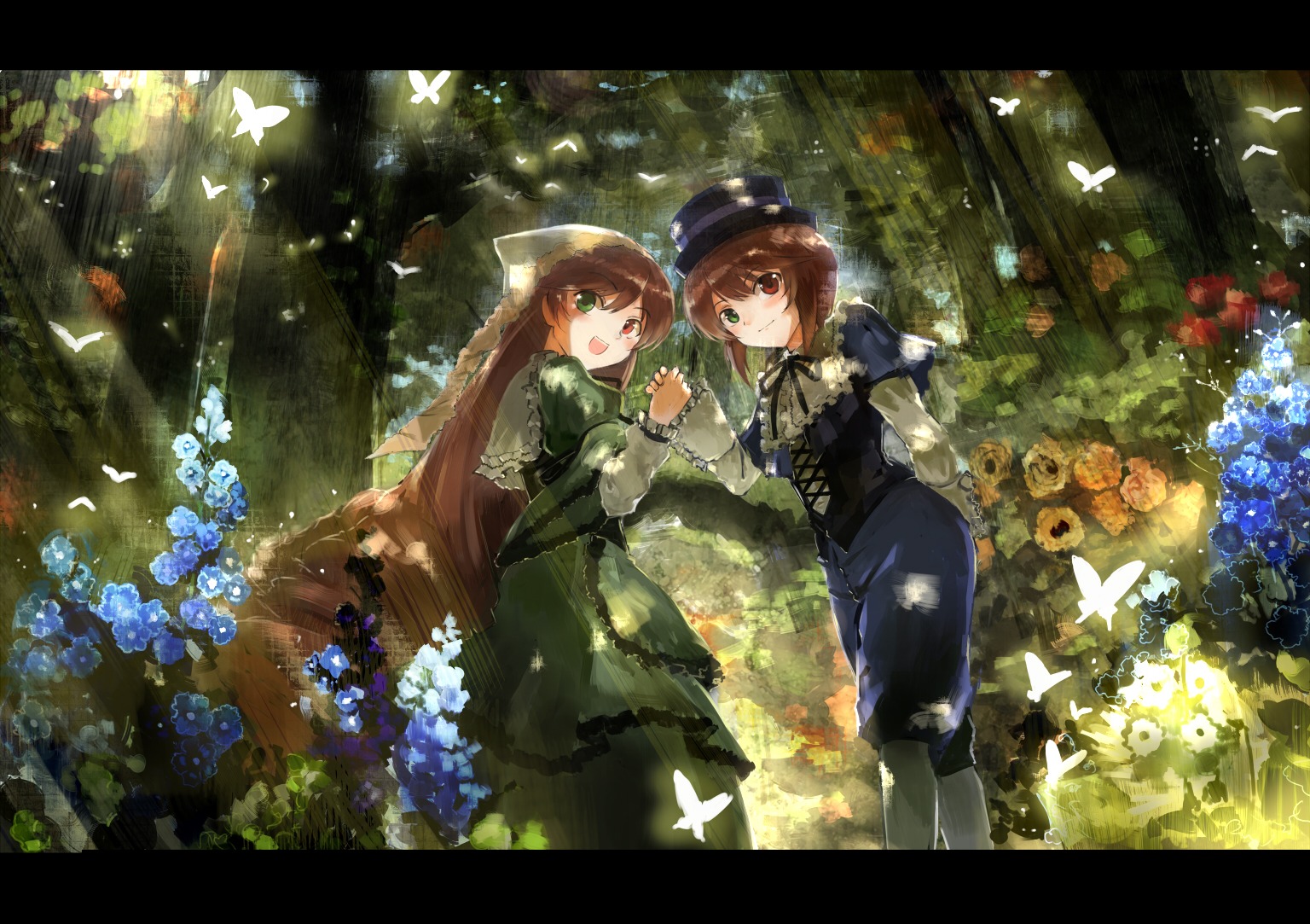 2girls blue_butterfly brown_hair bug butterfly commentary_request corset dappled_sunlight dress flower green_dress hat heterochromia holding_hands image insect letterboxed long_hair long_sleeves looking_at_viewer multiple_girls open_mouth pair pants rozen_maiden shirt short_hair siblings smile souseiseki suiseiseki sunlight twins ultimate_asuka
