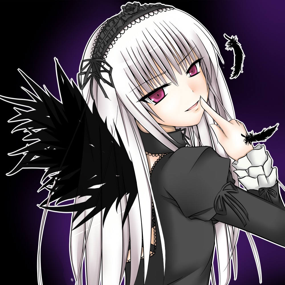 1girl black_dress black_wings bug butterfly dress feathers frills hairband half-closed_eyes image insect juliet_sleeves lolita_hairband long_hair long_sleeves looking_at_viewer pink_eyes puffy_sleeves silver_hair smile solo suigintou upper_body very_long_hair wings
