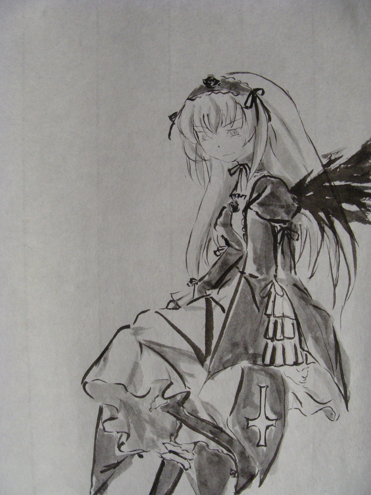 1girl dress frills greyscale hairband holding image juliet_sleeves long_hair long_sleeves monochrome puffy_sleeves ribbon solo standing suigintou traditional_media very_long_hair wings
