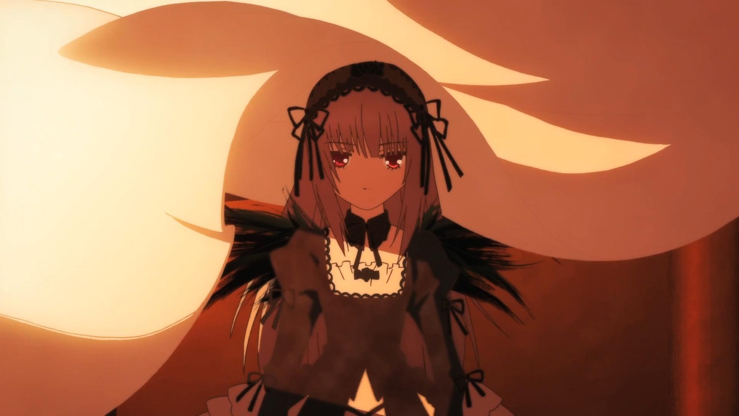 1girl bangs black_dress black_ribbon black_wings closed_mouth dress eyebrows_visible_through_hair hairband image juliet_sleeves long_hair long_sleeves looking_at_viewer puffy_sleeves ribbon solo suigintou wings