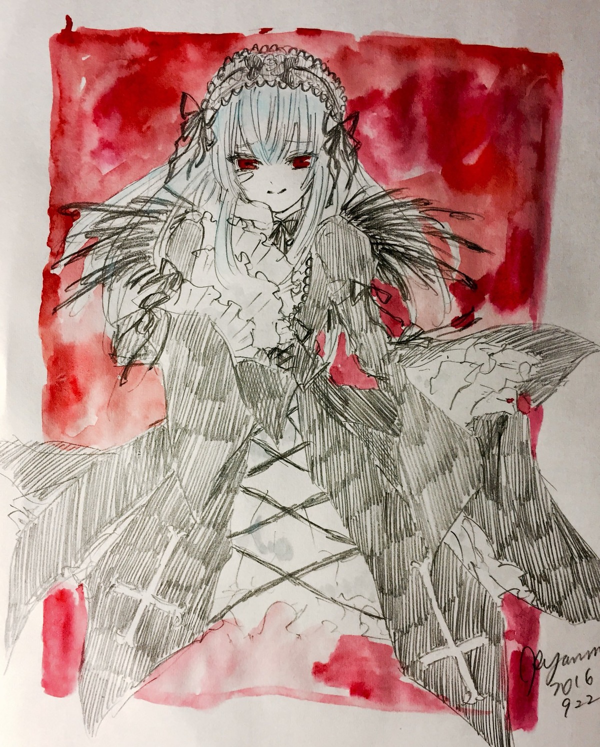 1girl black_dress black_wings dress frilled_sleeves frills hairband image lolita_hairband long_hair long_sleeves looking_at_viewer red_eyes rose smile solo suigintou traditional_media wings