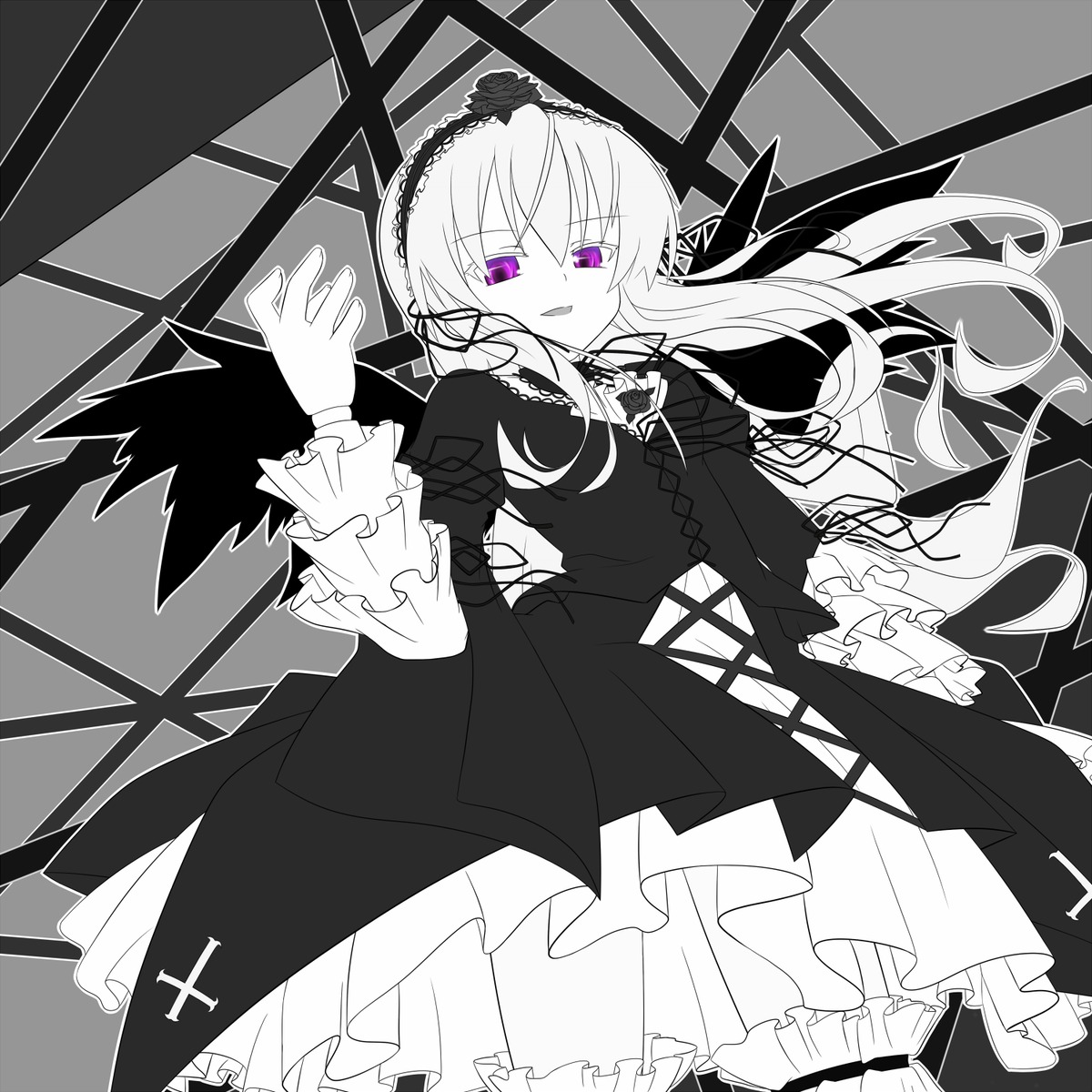 1girl bad_id bad_pixiv_id doll doll_joints dress flower frilled_sleeves frills greyscale hairband highres image joints lolita_fashion lolita_hairband long_hair long_sleeves looking_at_viewer monochrome open_mouth purple_eyes ribbon rozen_maiden silver_hair smile solo suigintou umumu_(pilcre) very_long_hair wings