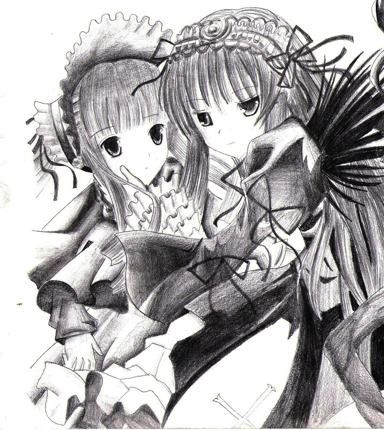 2girls dress frills greyscale hairband image lolita_hairband long_hair long_sleeves looking_at_viewer monochrome multiple_girls pair ribbon shinku siblings sisters smile suigintou traditional_media