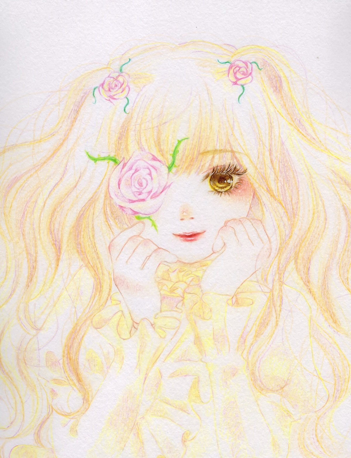 1girl blonde_hair colored_pencil_(medium) flower hair_ornament image kirakishou long_hair pink_flower pink_rose rose smile solo thorns traditional_media watercolor_(medium) yellow_eyes yellow_rose