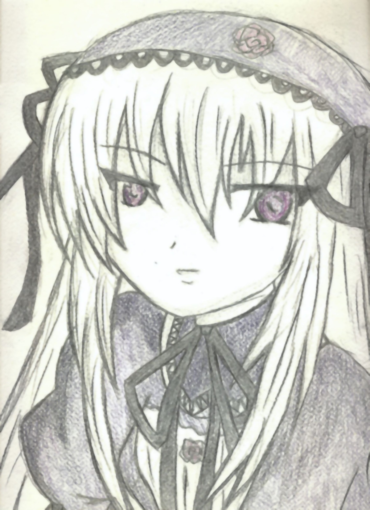 1girl bangs closed_mouth dress eyebrows_visible_through_hair flower hairband image long_hair long_sleeves looking_at_viewer monochrome ribbon rose simple_background solo suigintou traditional_media white_background