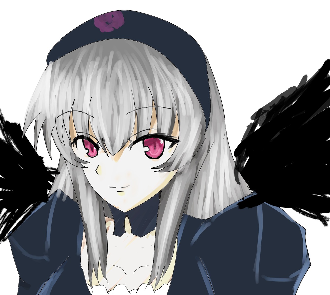 1girl black_wings choker closed_mouth collarbone dress feathered_wings image long_hair long_sleeves looking_at_viewer pink_eyes silver_hair simple_background smile solo suigintou white_background wings