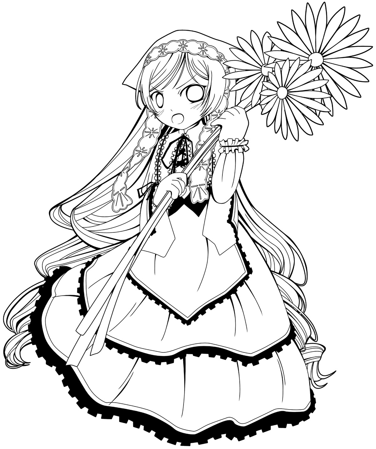 1girl :o blush dress flower greyscale holding image long_hair long_sleeves monochrome open_mouth simple_background solo suiseiseki very_long_hair white_background