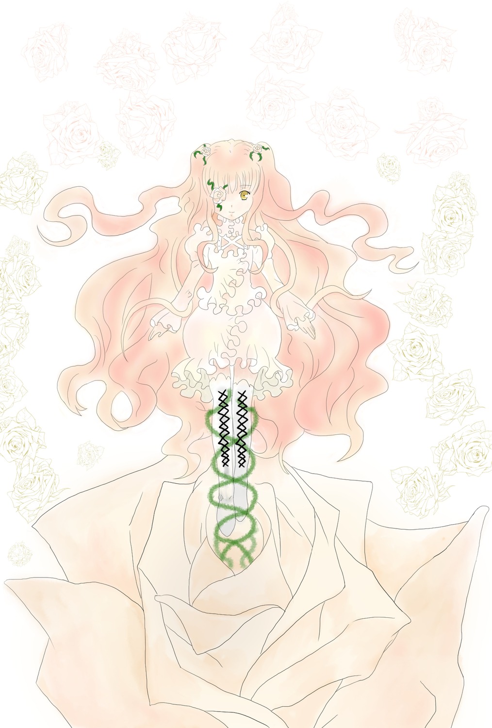 1girl dress flower hair_ornament image kirakishou long_hair pink_hair solo striped striped_background vertical_stripes very_long_hair wavy_hair