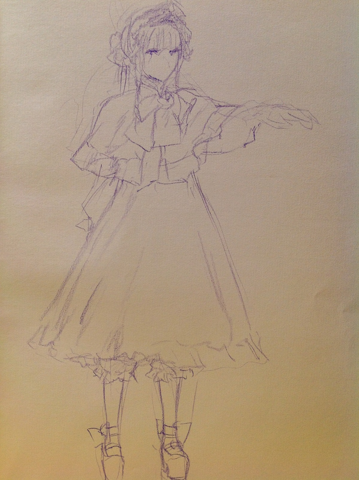 1girl bangs bow brown_background capelet closed_mouth dress eyebrows_visible_through_hair full_body hairband image long_hair long_sleeves looking_at_viewer monochrome shinku shoes sketch solo standing wide_sleeves