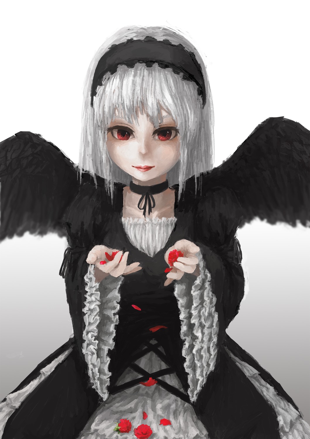 1girl auto_tagged black_dress black_wings choker dress feathered_wings feathers flower frills fruit gothic_lolita hairband image lolita_fashion long_sleeves looking_at_viewer nail_polish petals red_eyes red_flower red_nails red_rose ribbon rose solo suigintou wings