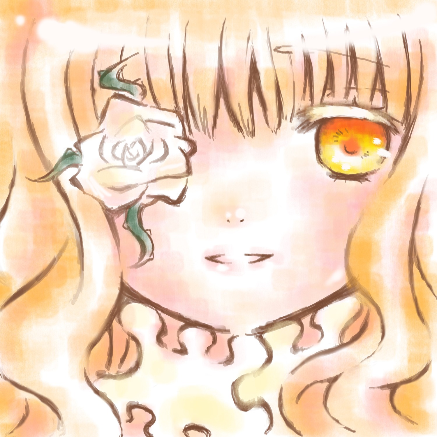 1girl bangs blush close-up closed_eyes face flower image kirakishou rose smile solo traditional_media white_flower white_rose