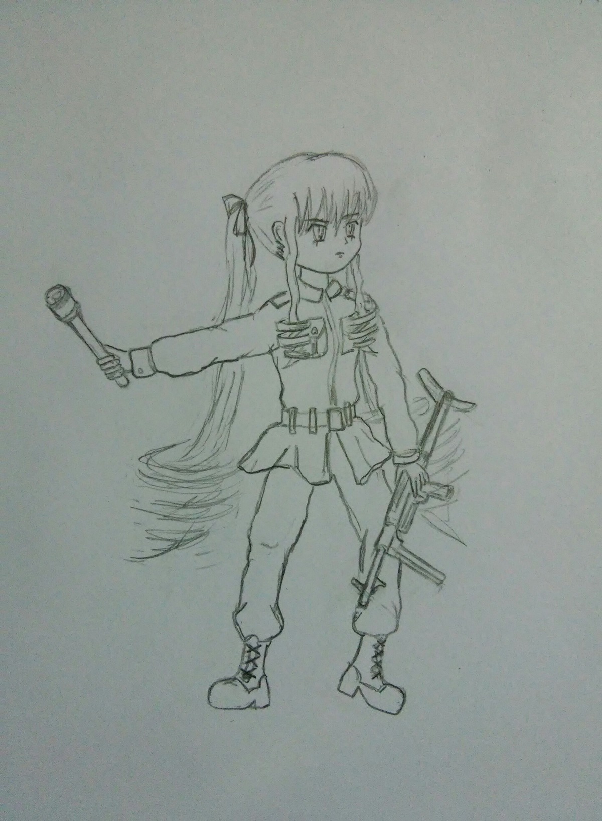 1girl belt boots full_body hair_ribbon holding image long_hair long_sleeves military military_uniform monochrome pants sheath shinku solo traditional_media uniform unsheathing weapon