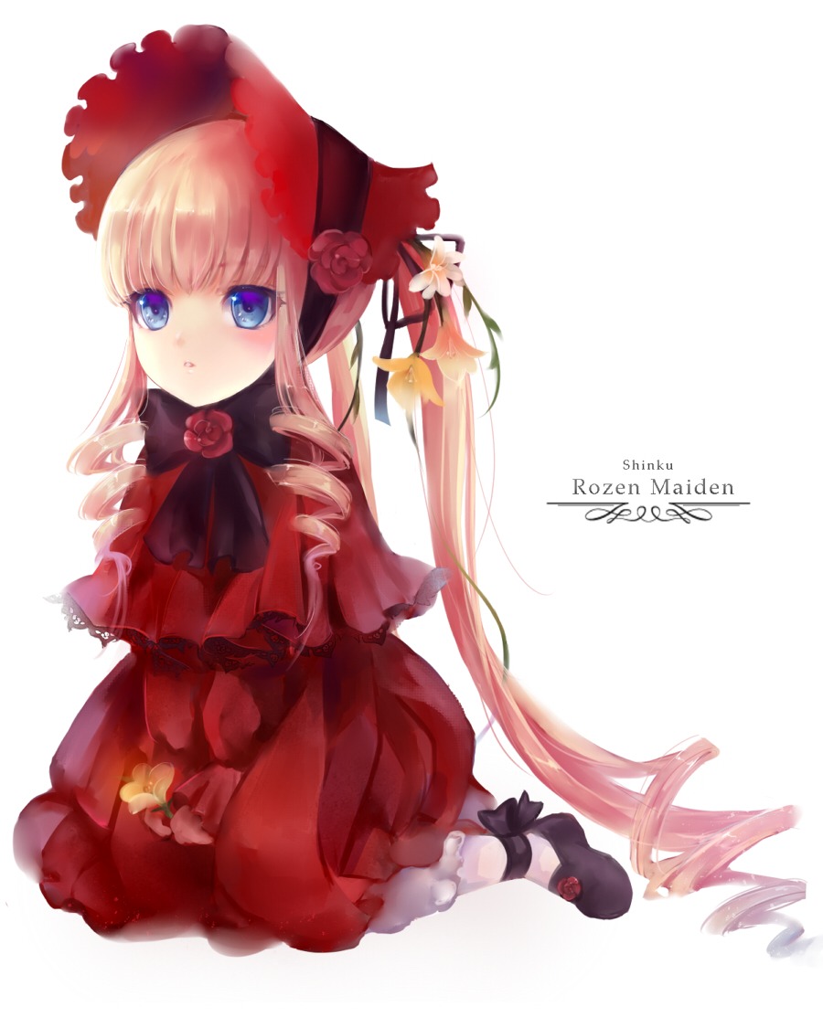 1girl blonde_hair blue_eyes blush bonnet bow dated dress drill_hair flower full_body image long_hair looking_at_viewer red_dress ringlets rose shinku shoes simple_background sitting solo twin_drills twintails very_long_hair white_background