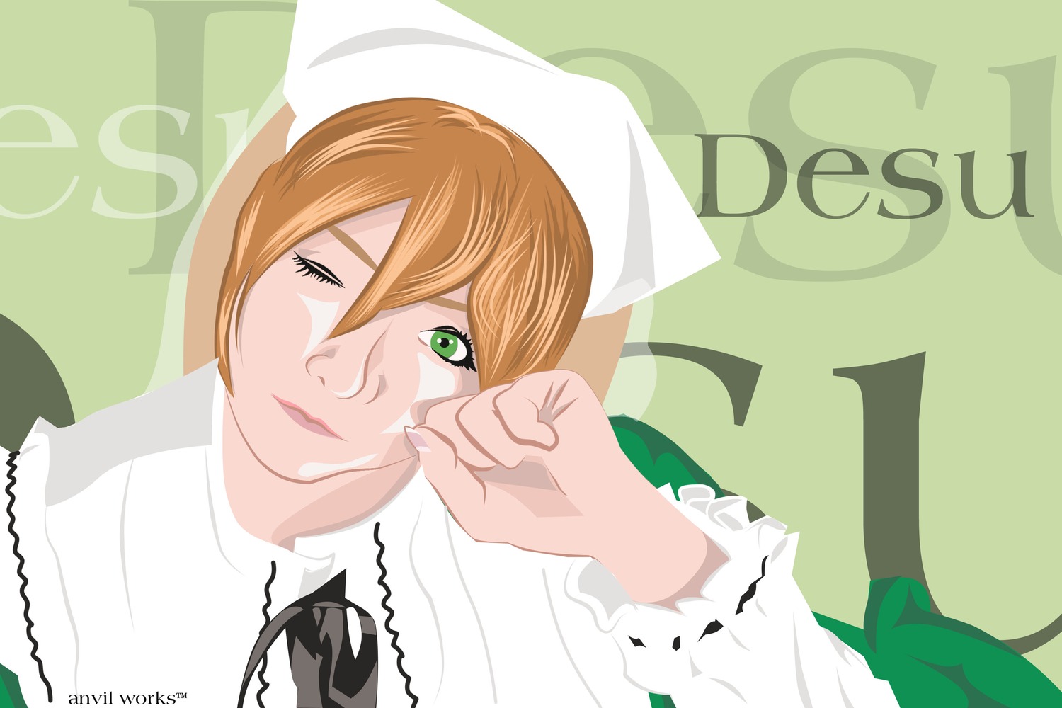 1girl green_background green_eyes image lips one_eye_closed orange_hair short_hair solo suiseiseki