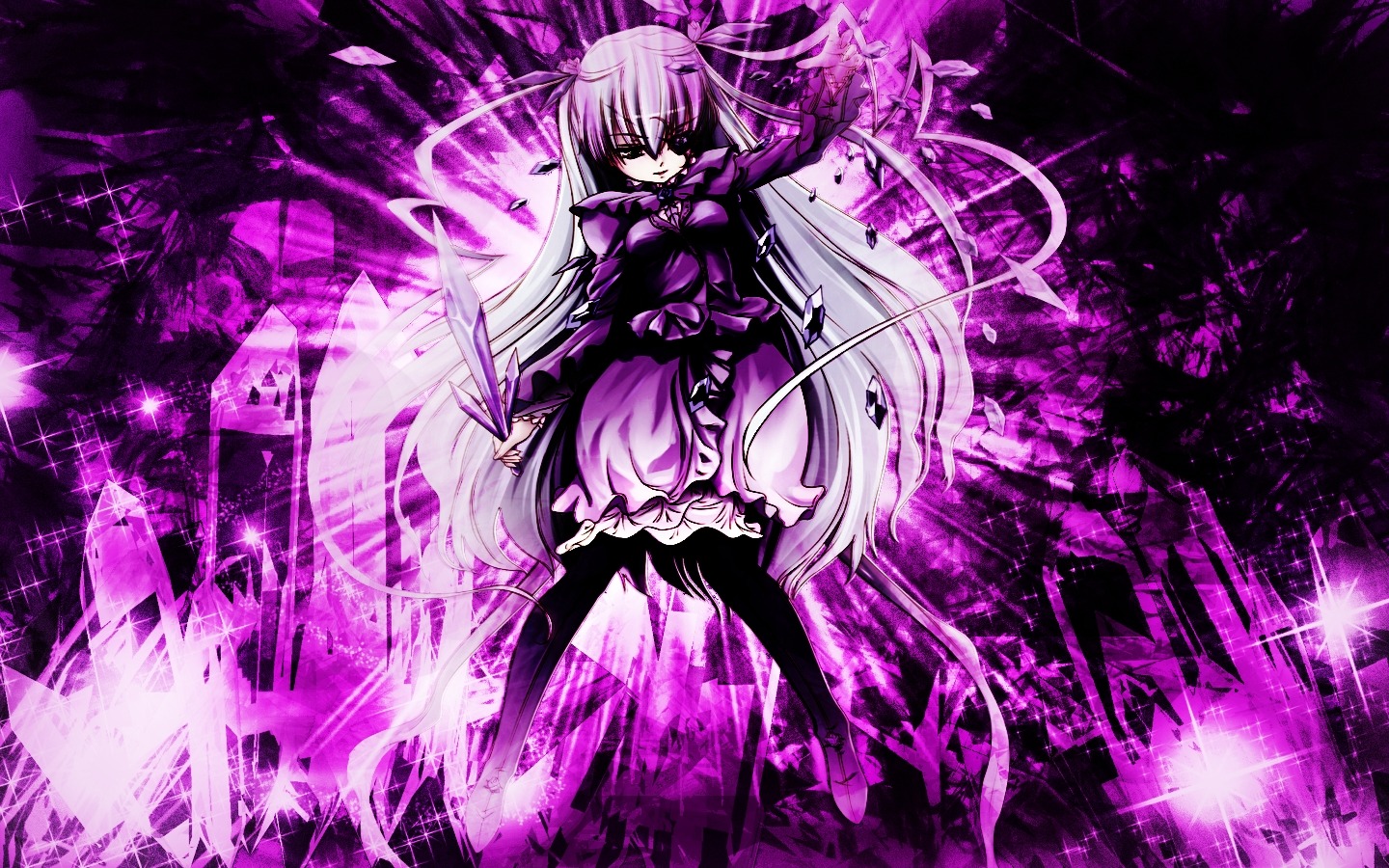 1girl black_legwear boots dress frills full_body image long_hair solo standing suigintou thighhighs very_long_hair zettai_ryouiki