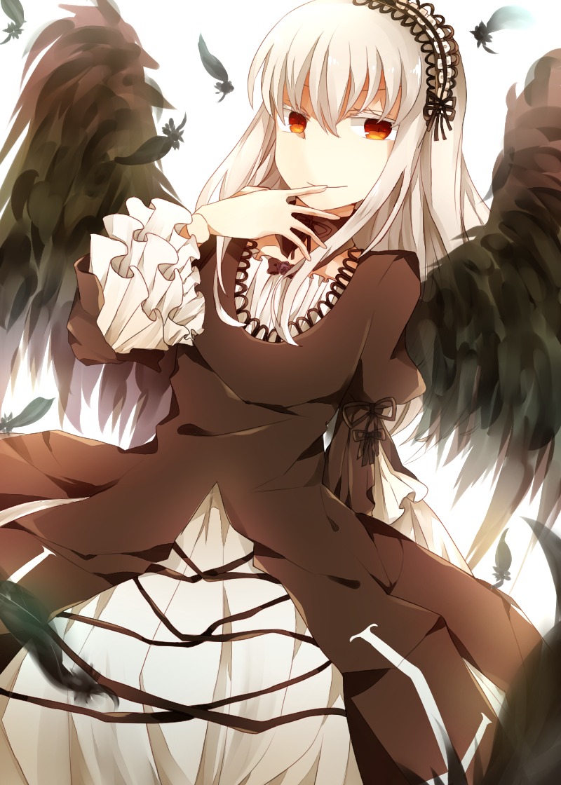 1girl bad_id bad_pixiv_id bangs black_feathers black_wings bug butterfly cross doll_joints dress feathered_wings feathers flower frills gothic_lolita hairband image insect joints lolita_fashion long_hair long_sleeves looking_at_viewer nyowaa417 puffy_sleeves red_eyes ribbon rozen_maiden silver_hair smile solo suigintou white_background wings