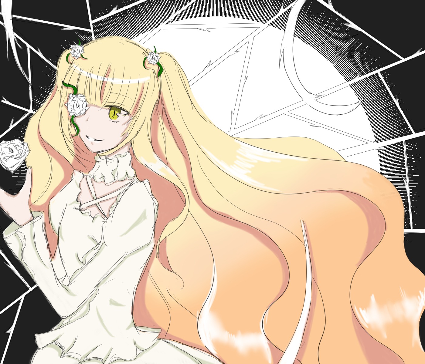 1girl blonde_hair dress eyepatch flower hair_flower hair_ornament image kirakishou long_hair rose silk smile solo thorns two_side_up very_long_hair white_flower yellow_eyes