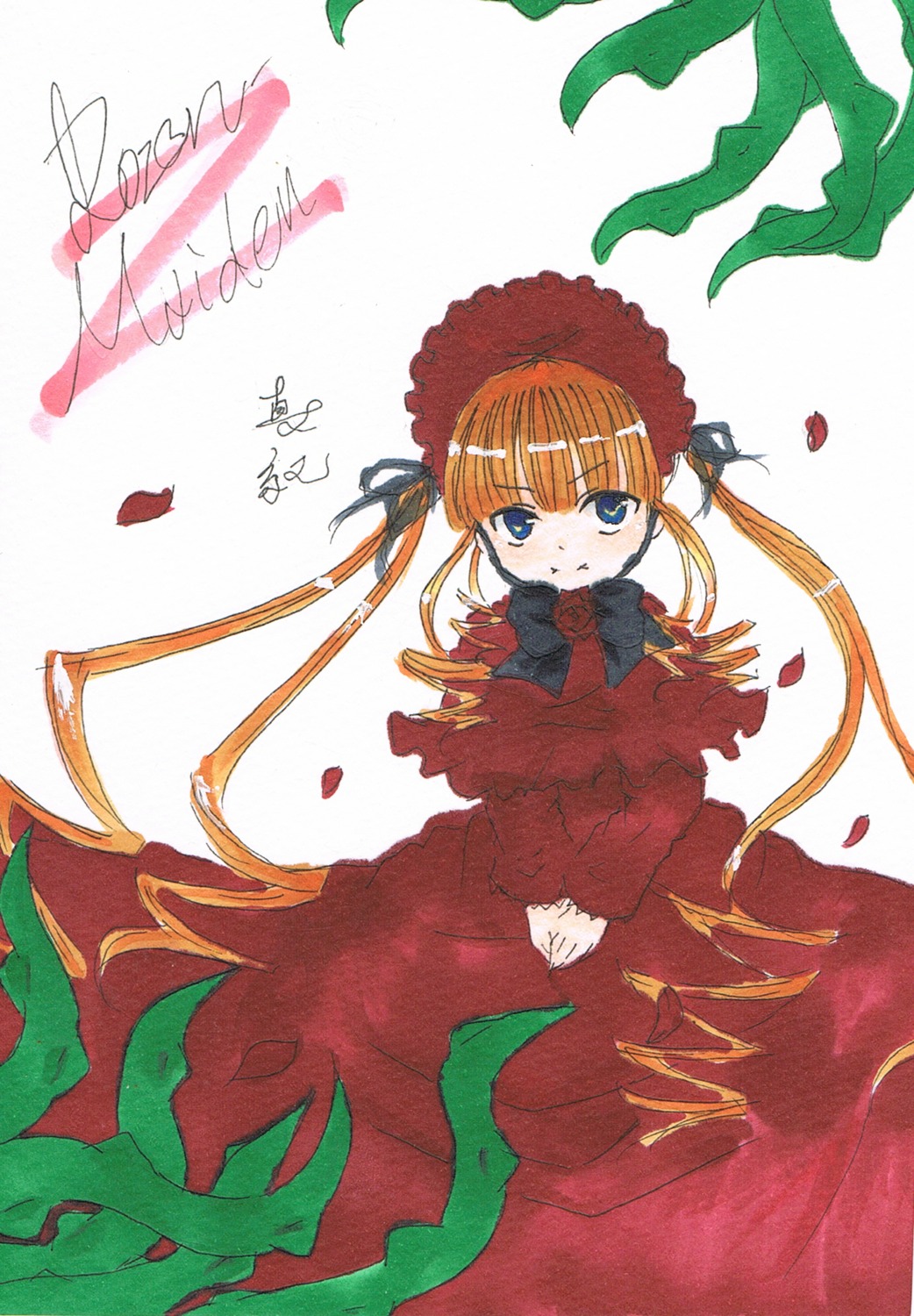 1girl blonde_hair blue_eyes blush bonnet bow bowtie dress drill_hair flower image long_hair long_sleeves looking_at_viewer petals red_dress rose_petals shinku solo traditional_media twintails very_long_hair white_background